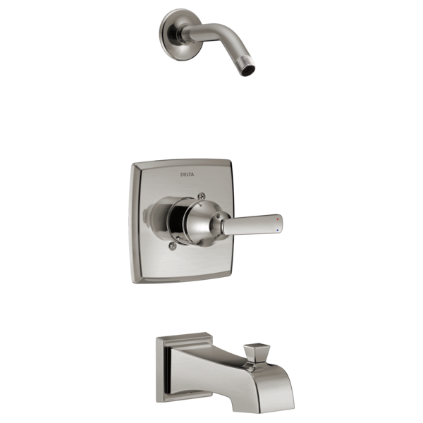 Delta Ashlyn brushed nickel tub and shower trim with curved arm spout, square trim plate, and lever handle.