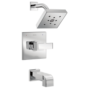 Chrome tub and shower trim set with square showerhead, wall-mounted valve, and tub spout.