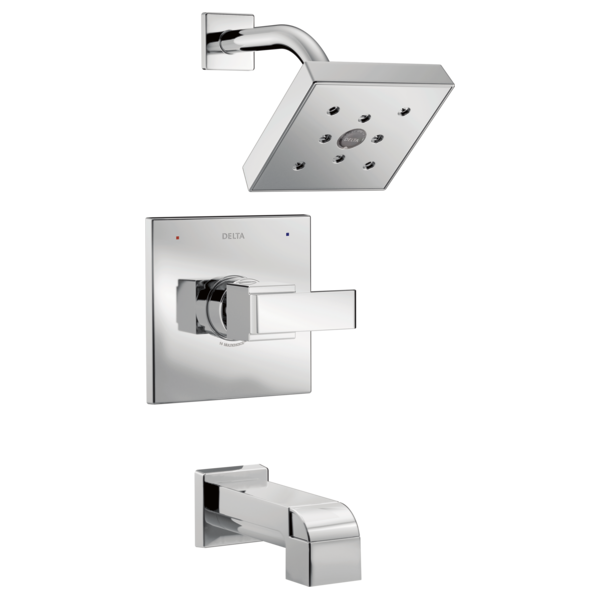 Chrome tub and shower trim set with square showerhead, wall-mounted valve, and tub spout.