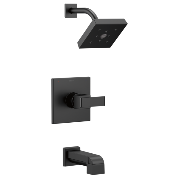 Black matte shower trim set with square showerhead, valve handle, and tub spout.