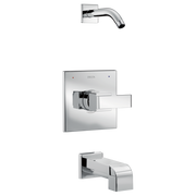 Chrome tub and shower trim kit with wall-mounted valve, lever handle, curved spout, and tub filler.