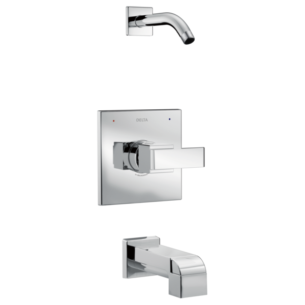 Chrome tub and shower trim kit with wall-mounted valve, lever handle, curved spout, and tub filler.