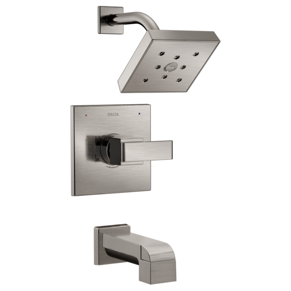 Brushed nickel tub and shower trim with square showerhead, lever handle valve, and tub spout.