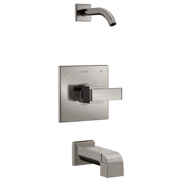 Delta Ara Monitor 14 Series brushed nickel tub and shower trim with curved spout and lever handle.