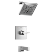 Chrome square showerhead with perforated spray pattern, square valve trim plate with lever handle, and rectangular tub spout.