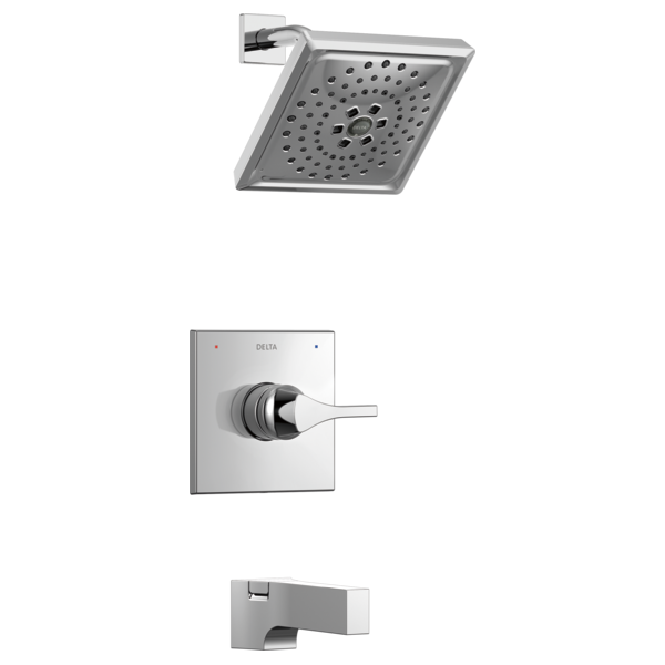 Chrome square showerhead with perforated spray pattern, square valve trim plate with lever handle, and rectangular tub spout.