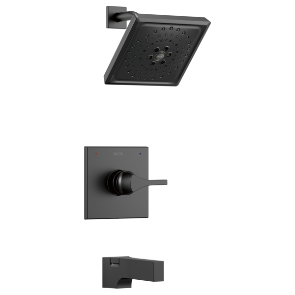 Black Delta tub and shower trim with square showerhead, valve control, and tub spout.