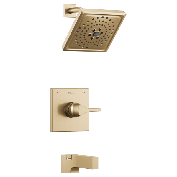 Champagne bronze tub and shower trim kit with square showerhead, valve trim plate, and tub spout.