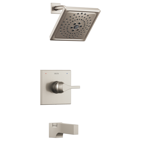 Brushed nickel Delta tub and shower trim with square showerhead, wall-mounted valve, and tub spout.
