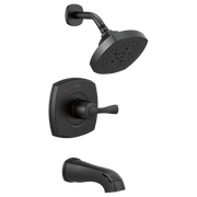 Black Delta Stryke tub and shower system with lever handle, showerhead, and spout.