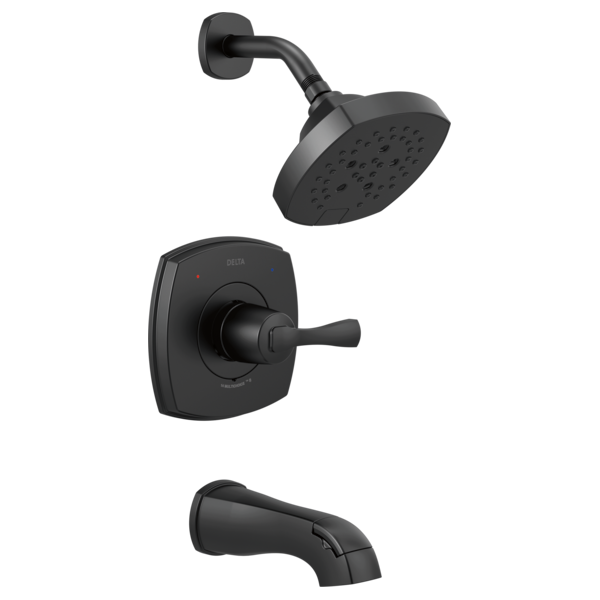 Black Delta Stryke tub and shower system with lever handle, showerhead, and spout.