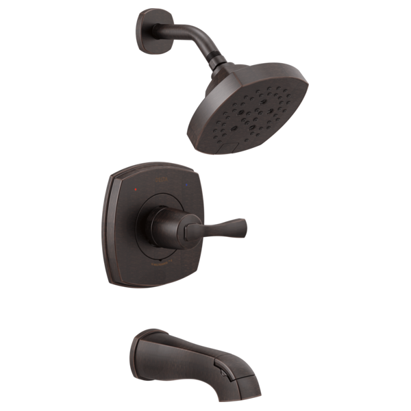 Bronze tub and shower fixture set with lever handle, round showerhead, curved tub spout, and wall-mounted controls.