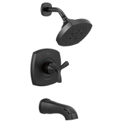 Black Delta Stryke tub and shower system with single cross handle, showerhead, and tub spout.