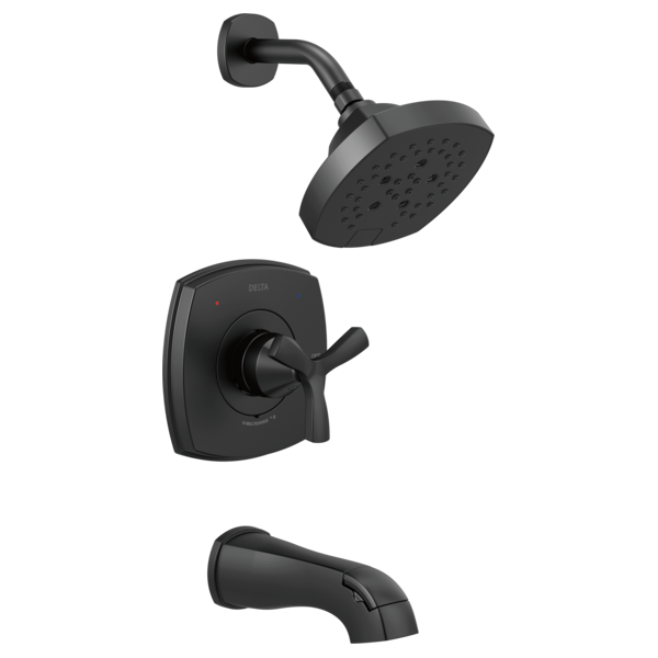 Black Delta Stryke tub and shower system with single cross handle, showerhead, and tub spout.