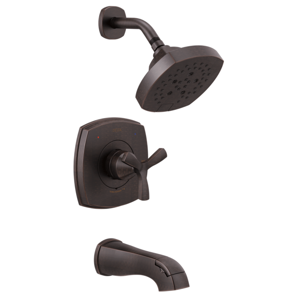Oil-rubbed bronze tub and shower fixture with round showerhead, curved spout, and cross handle on square trim plate.