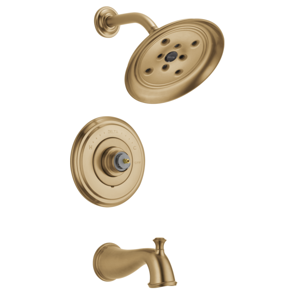 Champagne bronze tub and shower trim with round showerhead, valve trim plate, and tub spout.