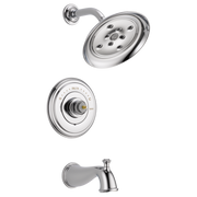 Chrome tub and shower trim set with showerhead, valve trim plate, and tub spout in polished finish.