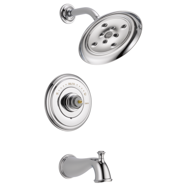 Chrome tub and shower trim set with showerhead, valve trim plate, and tub spout in polished finish.