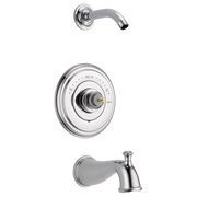 Chrome tub and shower trim with curved spout, round escutcheon plate with temperature dial, and tub spout with diverter.