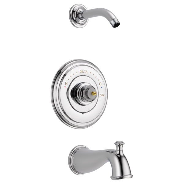 Chrome tub and shower trim with curved spout, round escutcheon plate with temperature dial, and tub spout with diverter.