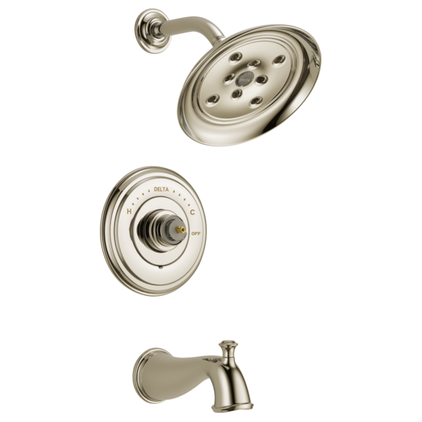 Brushed nickel tub and shower trim with showerhead, valve trim plate, and tub spout.