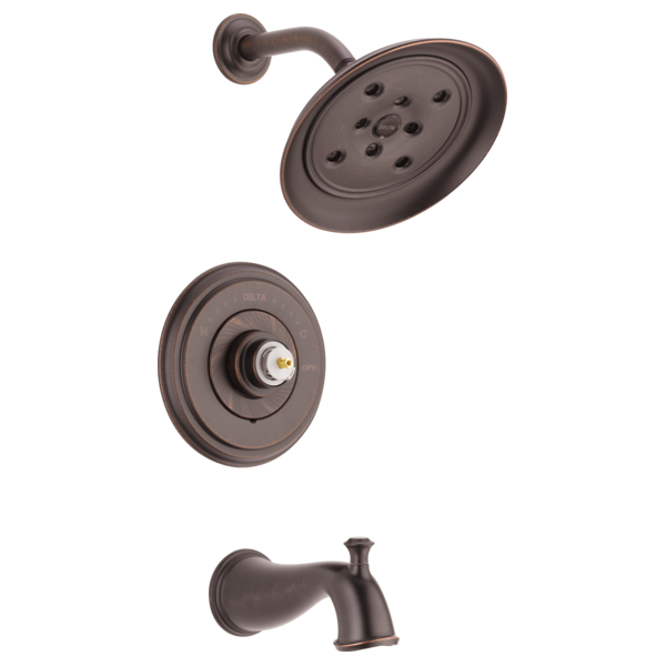 Bronze tub and shower trim with showerhead, valve trim, and tub spout in oil-rubbed finish.