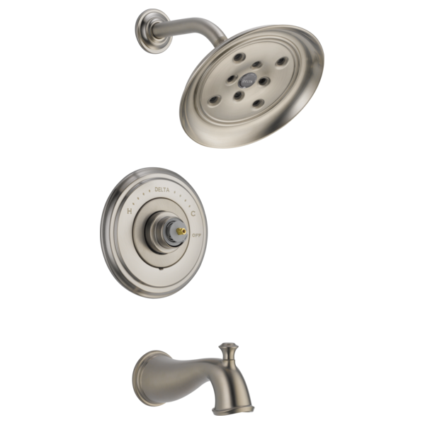 Brushed nickel tub and shower trim with round showerhead, valve trim plate, and tub spout.