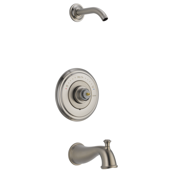 Brushed nickel tub and shower trim with curved wall-mounted spout, circular valve trim plate, and tub spout.