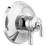 Chrome and white Delta Kayra monitor valve trim with single lever handle mounted on circular escutcheon plate.