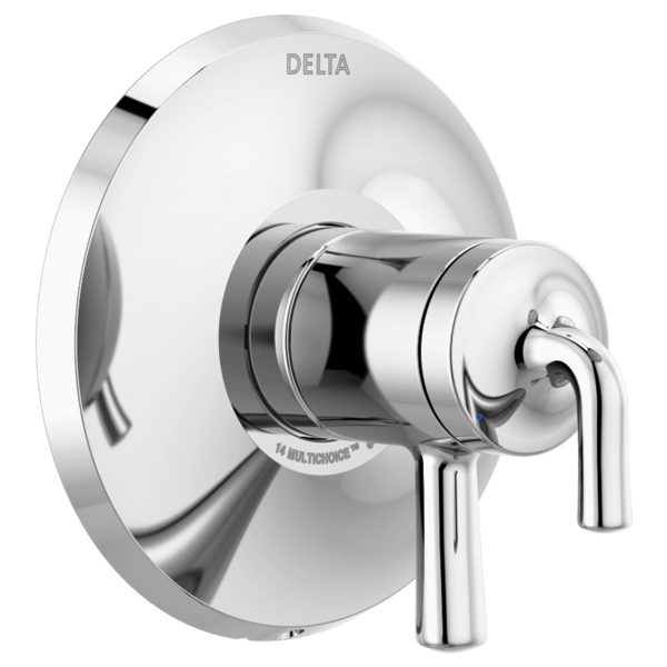 Chrome and white Delta Kayra monitor valve trim with single lever handle mounted on circular escutcheon plate.