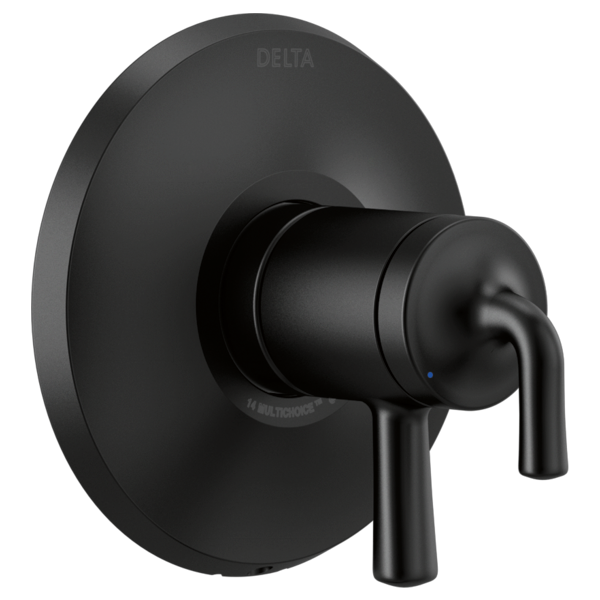 Black Delta Kayra Monitor 17 Series valve trim with round escutcheon plate and lever handle.