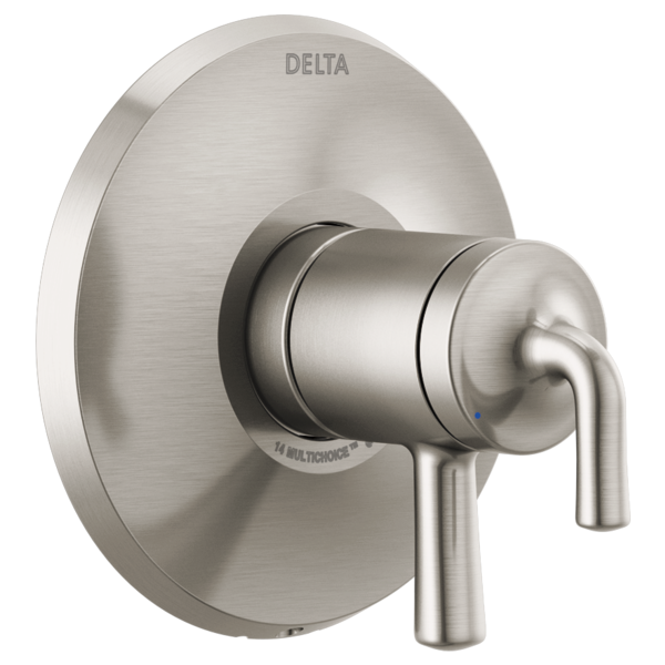 Brushed nickel Delta Kayra Monitor 17 Series valve trim with round escutcheon plate and lever handle.