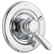 Chrome Delta Lahara shower valve trim with round escutcheon plate and lever handle.