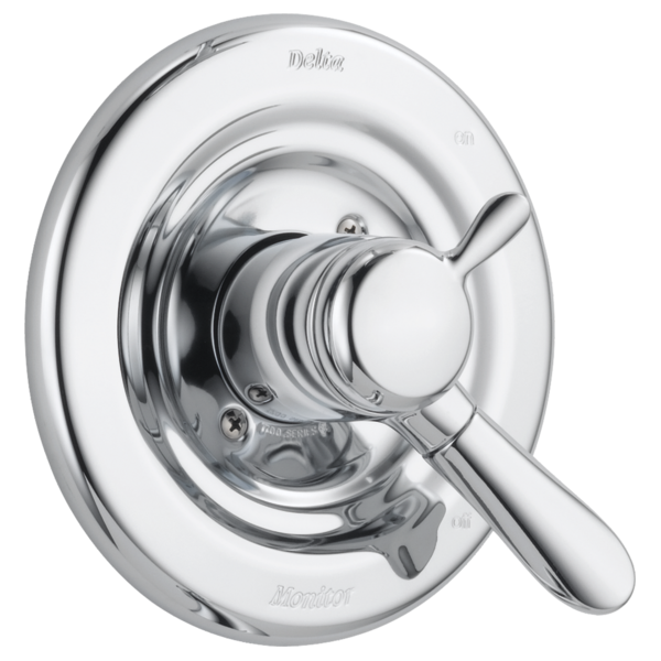 Chrome Delta Lahara shower valve trim with round escutcheon plate and lever handle.