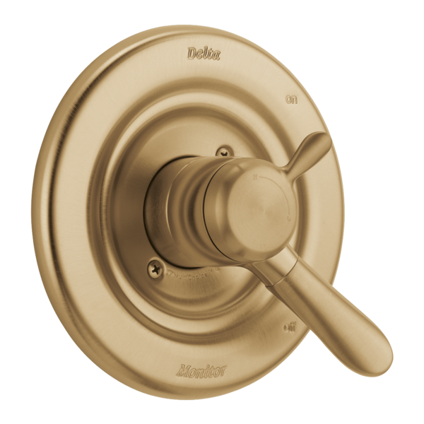 Champagne bronze Delta Lahara Monitor 17 Series valve trim with single lever handle and circular escutcheon plate.