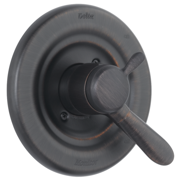 Oil-rubbed bronze circular valve trim with single lever handle and recessed center dial.