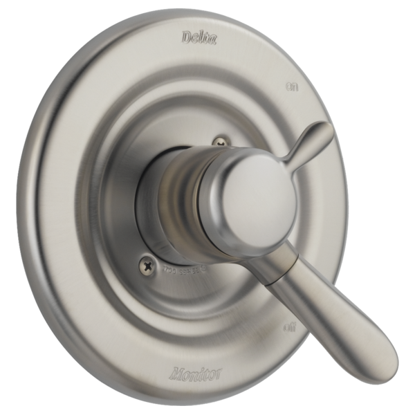 Chrome shower valve trim with round escutcheon plate, lever handle, and temperature control markings.