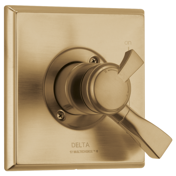 Champagne bronze Delta valve trim with dual lever handles and circular dial on square wall plate.