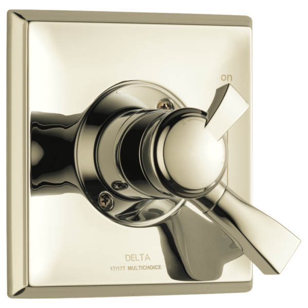 Polished nickel shower valve trim with dual lever handles and round escutcheon plate.