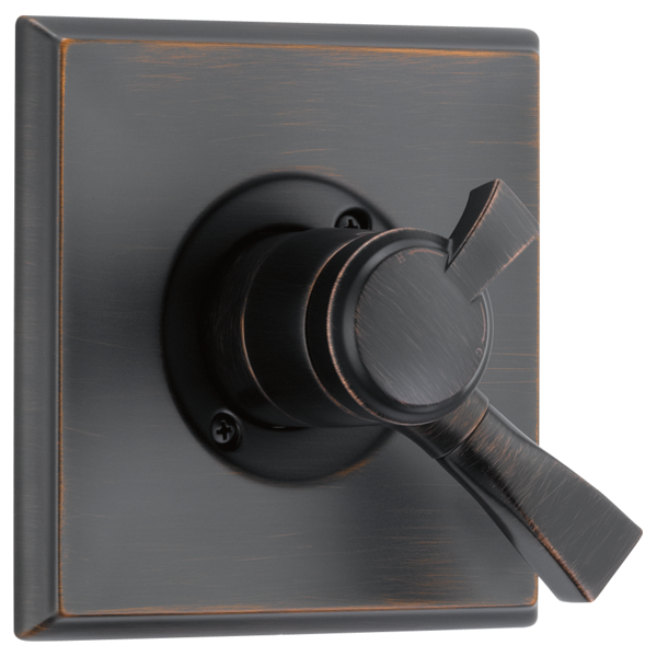 Oil-rubbed bronze shower valve trim with square escutcheon plate and dual lever handles.
