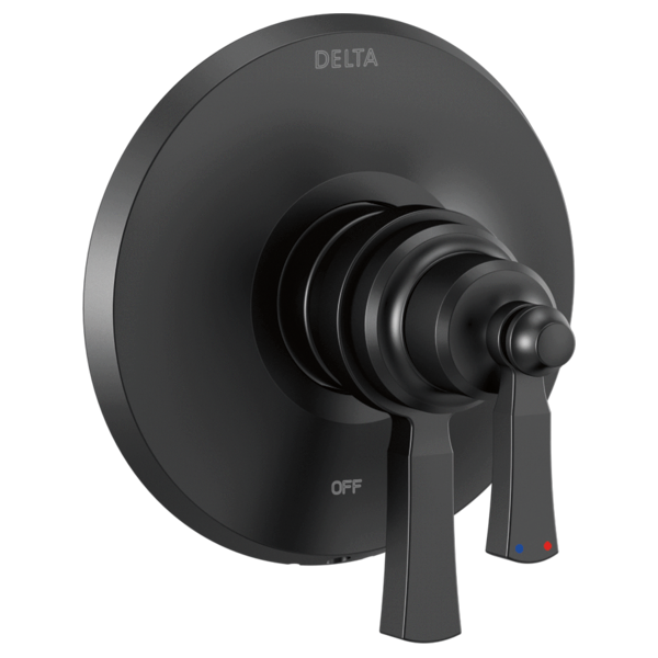 Black Delta Dorval Monitor 17 Series valve trim with round escutcheon plate and lever handles.