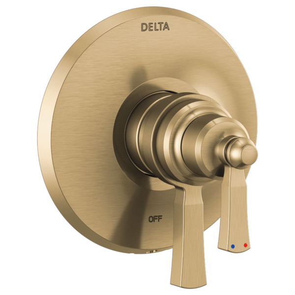 Champagne bronze Delta Dorval monitor valve trim with lever handle and off marking.
