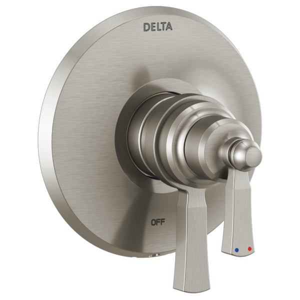 Delta Dorval Monitor 17 Series brushed nickel valve trim with single lever handle and round escutcheon plate.