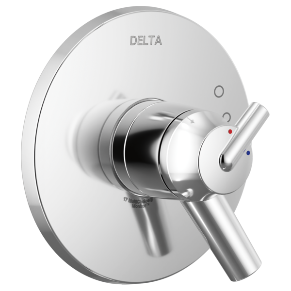 Chrome Delta Trinsic monitor valve trim with single lever handle and temperature indicator dots on round escutcheon plate.