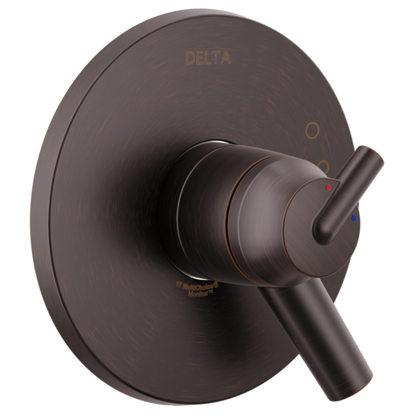 Dark bronze Delta Trinsic Monitor 17 Series valve trim with single lever handle and circular escutcheon plate.