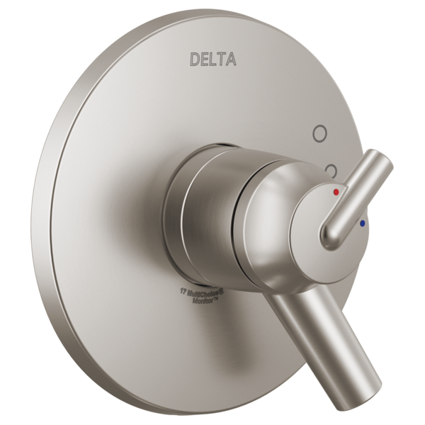 Chrome Delta Trinsic Monitor 17 Series valve trim with round escutcheon plate and lever handle with temperature indicator dot