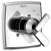 Chrome Delta Ashlyn monitor valve trim with single lever handle, on/off markings, and temperature indicator dots.
