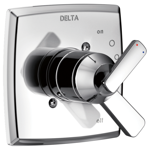 Chrome Delta Ashlyn monitor valve trim with single lever handle, on/off markings, and temperature indicator dots.