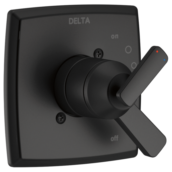 Matte black Delta Ashlyn Monitor 17 Series valve trim with rounded square escutcheon, diverter knob, and temperature indicato