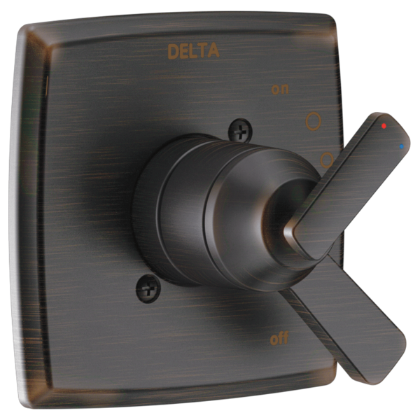 Delta Ashlyn Monitor 17 Series valve trim in oil-rubbed bronze with single handle and temperature control markings.